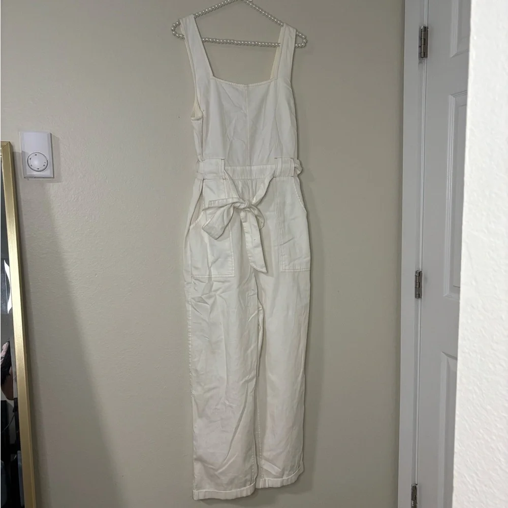 American Eagle Women White Denim Strappy Tie Belt Jumpsuit - Picture 7 of 9